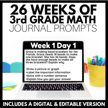 Preview of Daily Math Review Journal Prompts for 3rd Grade - Google Slides Version Included