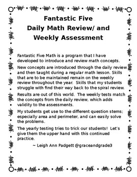 Preview of NEW!  Daily Math Spiral-1ST Quarter Fantastic Five Weekly Review AND Weekly Test