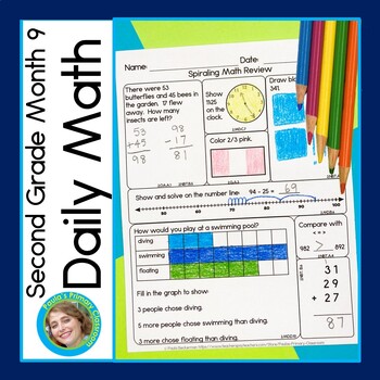 Preview of 2nd Grade Math Spiral Review Worksheet Warm Ups Morning Work Packet May June EOY