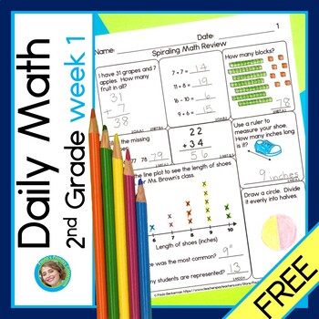 Preview of 2nd Grade Math Spiral Review Worksheet Warm Ups Morning Work Packets FREE WEEK