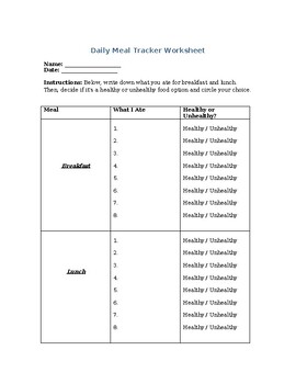 Preview of Daily Meal Tracker worksheet