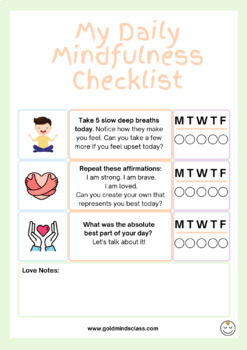 Daily Mindfulness Checklist for Kids by Goldminds Class | TpT