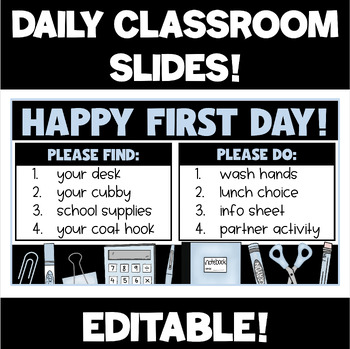 Preview of Daily Good Morning Slides with School Supplies! Editable!  Pastel!