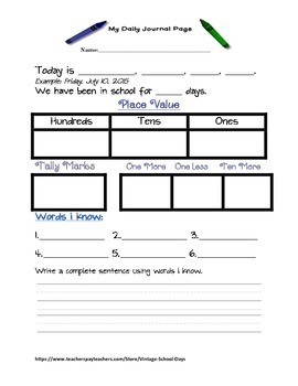 Preview of Daily Morning Work Journal Calendar Number of the Day Sentence Place Value