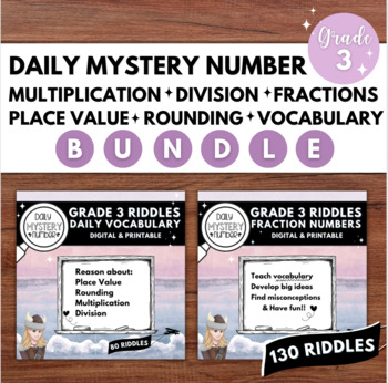 Preview of Daily Mystery Number Riddles GRADE 3 Vocabulary Place Value Fractions Bundle