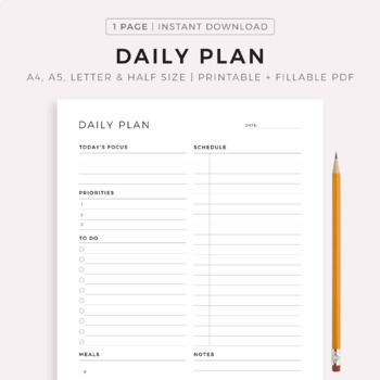 Daily Planner Printable & Fillable, A5/Half Size/A4/Letter, Digital Download  PDF