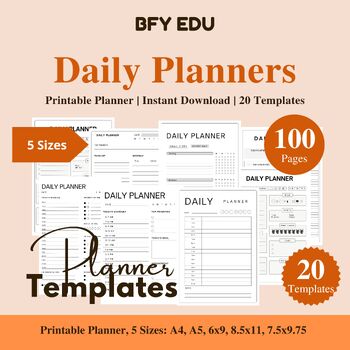 Preview of Daily Planner Printable,Undated Planner 5 Sizes, 20 Templates, 100 Pages