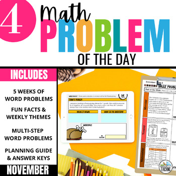 Preview of 4th Grade Math Word Problem of the Day | November Math Problem Solving Bundle
