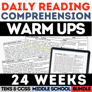 Preview of Daily Reading Comprehension Warm Up ELA Bell Ringers 6th 7th 8th STAAR Practice
