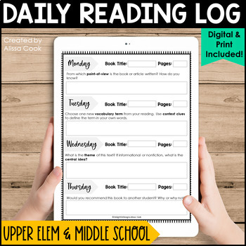 Preview of Daily Reading Log | Reading Response Journal  Middle School | Digital and Print