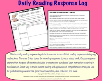 Preview of Daily Reading Response Log ~ CCSS aligned response questions; Grade 3 & Up