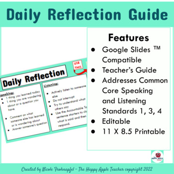 Preview of Daily Reflection Google Slide ™ Editable 8.5 X 11 Printable Speaking-Listening