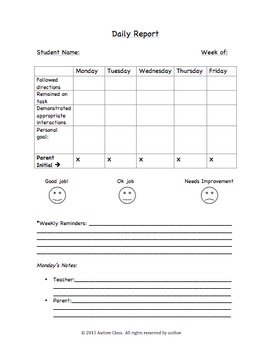 Daily Report by Autism Class | Teachers Pay Teachers