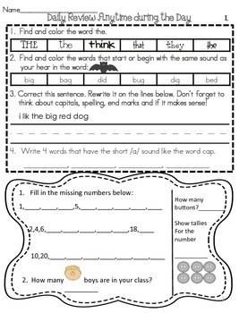 Morning Work Review Activities, Math,Time,Place Value, Language Arts CC