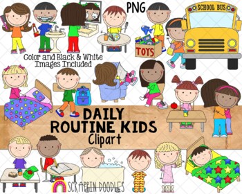Preview of Daily Routine Kids ClipArt - Kids Doing Chores ClipArt - Commercial Use PNG