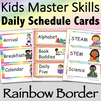 Preview of Visual Daily Schedule Cards Rainbow Border - Editable