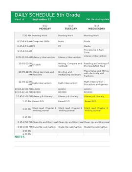 Preview of Daily Schedule for Lesson Plans (Excel)