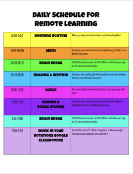 Preview of Daily Schedule for Remote Learning