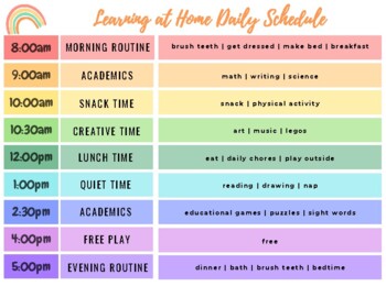 Preview of Daily Schedule for learning at home, distance learning, homeschooling, or summer