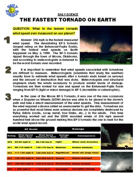 Preview of FREE Daily Science 00 : Fastest Tornado Speed (weather article / sheet / sub)