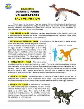 Preview of Daily Science #51 : Velociraptors Fact vs. Fiction (dinosaur / Jurassic Park)