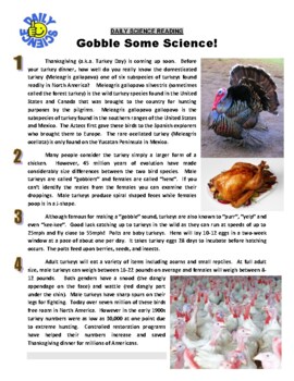 Preview of Daily Science #92 : Turkey Science (Thanksgiving / biology / article / key)