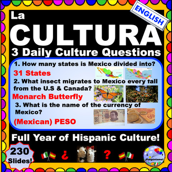 Preview of Daily Spanish Culture QUESTIONS Cultura Diaria Hispanic Countries ENGLISH