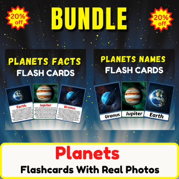 Preview of Planets Fun Facts Flashcards Bundle With Real Pictures. Back To School.