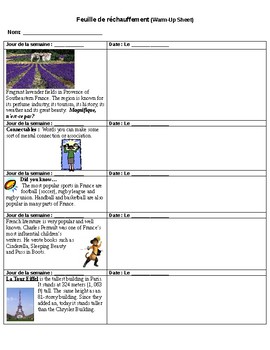 Preview of Daily Warm Up Sheets - 40 Days French/Francais