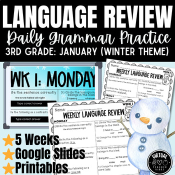 Preview of Daily Winter Language Spiral Review in Google Slides/Printables for 3rd Grade