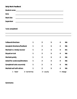 Preview of Daily Work Feedback Form - job skill evaluation