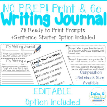 Preview of Daily Writing Journal with Prompts (EDITABLE AND DIFFERENTIATED OPTION INCLUDED)