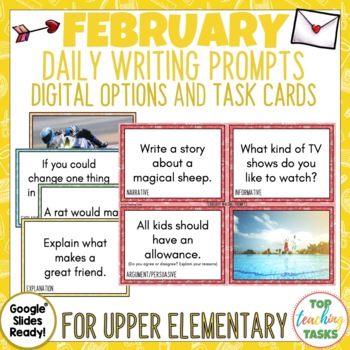 Preview of February Writing Prompts Task Cards and Digital Options | Quick Writes