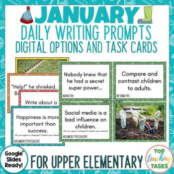 Preview of January Writing Prompts Task Cards and Digital Options | Quick Writes