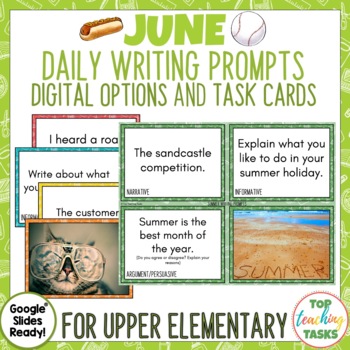 Preview of June Writing Prompts Task Cards and Digital Options | Quick Writes