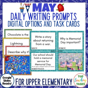 Preview of May Writing Prompts Task Cards and Digital Options | Quick Writes