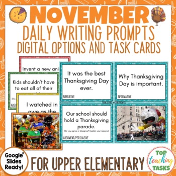 Preview of November Writing Prompts Task Cards and Digital Options | Thanksgiving
