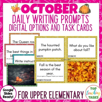 Preview of October Writing Prompts Task Cards and Digital Options | Halloween Quick Writes