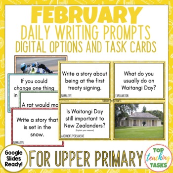 Preview of February Writing Prompts Task Cards and Digital Options | Waitangi Day