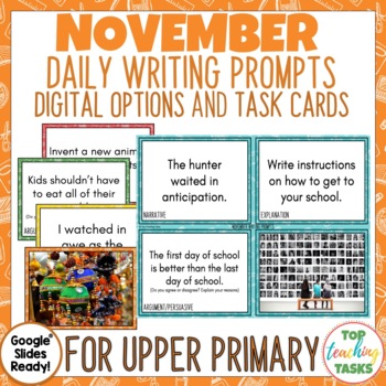 Preview of November Writing Prompts Task Cards and Digital Options | Diwali