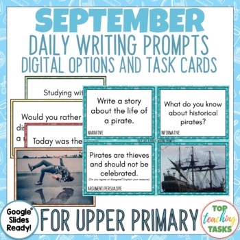 Preview of September Writing Prompts Task Cards and Digital Options | Quick Writes