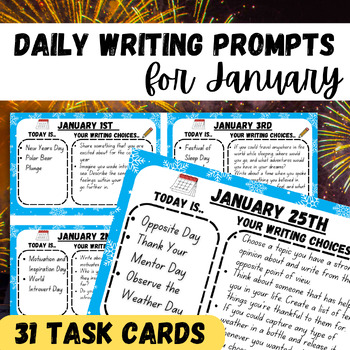 Preview of Daily January Creative Writing Prompts Task Cards for Morning Work 3rd 4th 5th