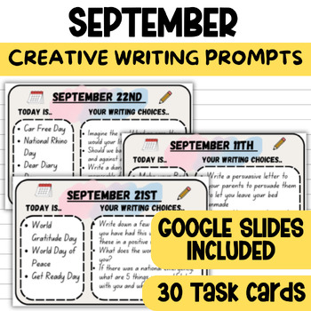 Preview of September Creative Writing Daily Journal Prompts + Google Slides 3rd 4th 5th 6th