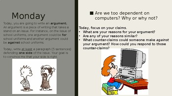 Preview of Daily Writing slides: Argumentative Essays -- Template/Example