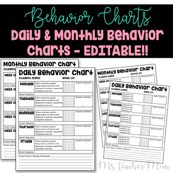 Daily and Monthly EDITABLE Behavior Communication Charts | TpT