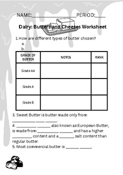 Preview of Dairy: Butters and Cheeses Worksheet with Key