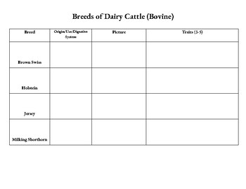 Preview of Dairy Cattle Breeds Chart