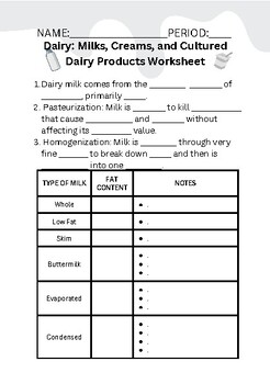 Preview of Dairy Milks, Creams, and Cultured Dairy Products Worksheets with Key