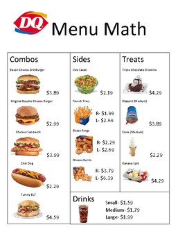 Dairy Queen Menu Math by Lifeskills Connections With Mrs ...