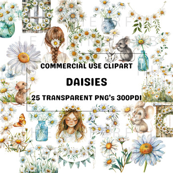 Preview of Daisy Clipart | 25 PNG Watercolor Daisies | Summer Season | Commercial Use